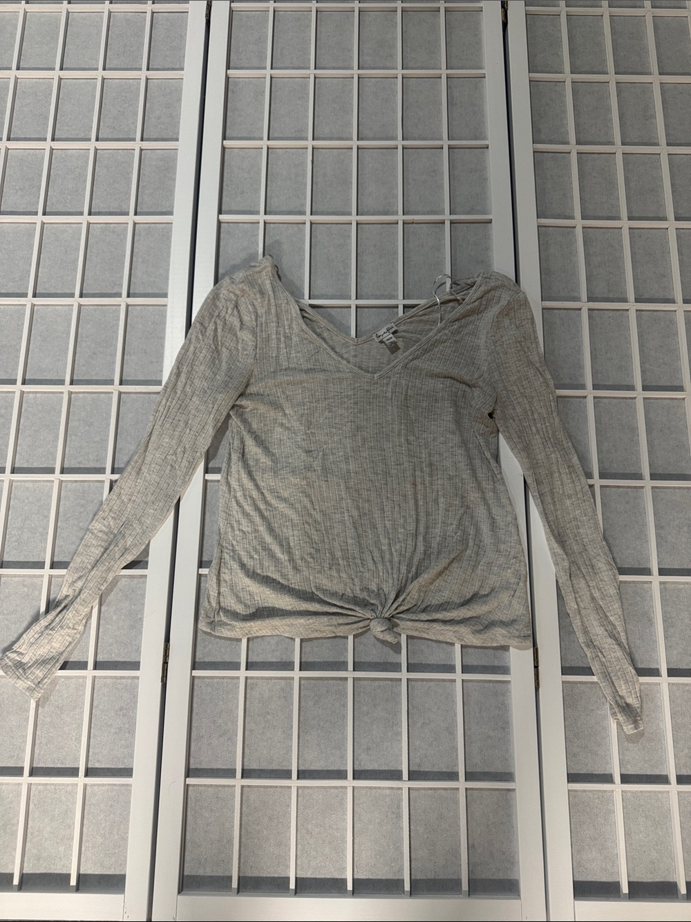 love, Fire Light Gray Ribbed V-Neck Twist Front Long Sleeve Top